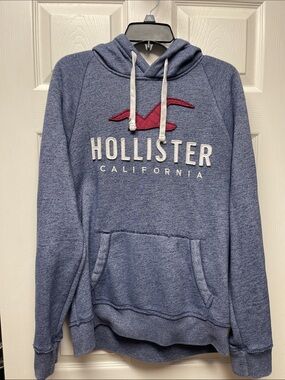 Hollister Men's Heather Blue Pullover Hoodie with Red Logo